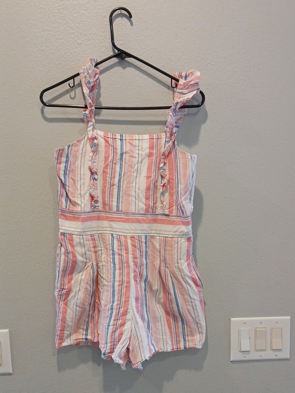 L Love Large Juniors Pink Striped Cotton Romper With Pockets